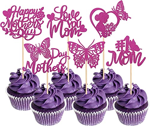 24 Stück Happy Mother's Day Tortendeko, Glitzer Herz #1 Mom Schmetterling Love You Mom Cake Toppers Kuchen Deko Cupcake Topper für Glücklicher Muttertag Thema Frauen Geburtstag Party Supplies Roserot von SYKYCTCY