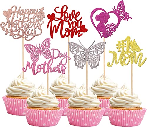 24 Stück Happy Mother's Day Tortendeko, Glitzer Herz #1 Mom Schmetterling Love You Mom Cake Toppers Kuchen Deko Cupcake Topper für Glücklicher Muttertag Thema Frauen Geburtstag Party Supplies Bunt von SYKYCTCY
