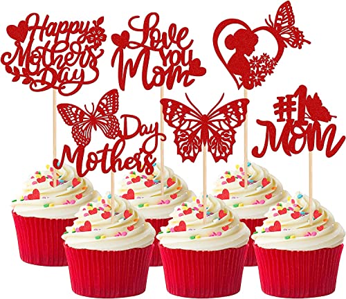 24 Stück Happy Mother's Day Tortendeko, Glitzer Herz #1 Mom Schmetterling Love You Mom Cake Toppers Kuchen Deko Cupcake Topper für Glücklicher Muttertag Thema Frauen Geburtstag Party Supplies Rot von SYKYCTCY