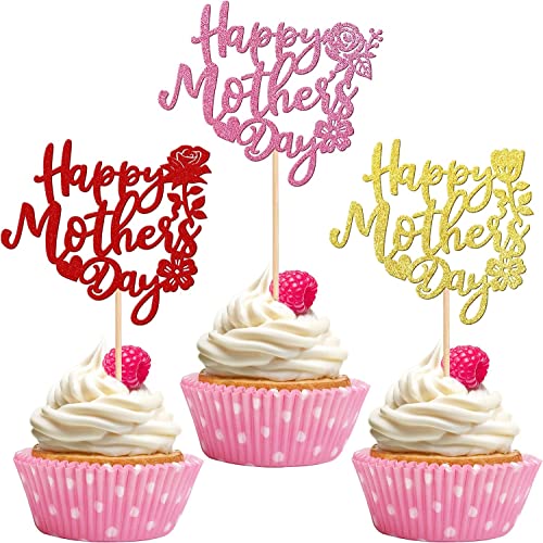 24 Stück Happy Mother's Day Tortendeko Bunt Glitter Liebe Herz Rose Blume Beste Mutter Cupcake Topper Deko Kuchen für glückliche Muttertag Thema Frauen Geburtstag Party Kuchen Dekorationen Zubehör von SYKYCTCY