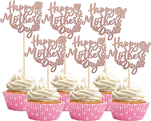 24 Stück Happy Mother's Day Tortendeko Glitter Liebe Herz Rose Blume Beste Mutter Cupcake Topper Deko Kuchen für glückliche Muttertag Thema Frauen Geburtstag Party Kuchen Dekorationen Zubehör Rosegold von SYKYCTCY