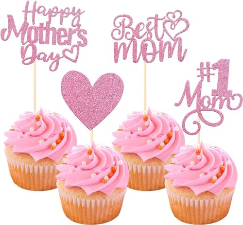 24 Stück Happy Muttertag Cupcake Toppers Glitter Nummer 1 Mutter Liebe Herz Cupcake Picks Beste Mama Kuchen Dekorationen für Frauen Geburtstag Glücklicher Muttertag Thema Party Supplies Rosa von SYKYCTCY