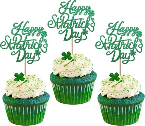 24 Stück Happy St Patrick's Day Cupcake Toppers Grüne Glitter Vier Blätter Klee Tortendeko Irische Flagge Kuchen Deko für St.Patrick's Day Thema Kinder Geburtstag Party Cupcake Dekoration Grün von SYKYCTCY
