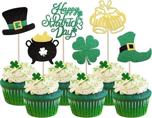 24 Stück Happy St Patrick's Day Tortendeko Glitter Vier Blatt Glückshut Bier Cupcake Toppers St.Patrick's Day Kuchen Deko für Cheers St. Patrick's Holiday Theme Party Kuchen Dekorationen von SYKYCTCY
