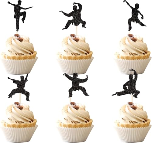 24 Stück Kampfsport Künste Tortendeko Glitzer Schwarz Karate Taekwondo Kuchen Deko Kung Fu Thema Cupcake Toppers für Baby Dusche Geburtstag Party Kuchen Dekorationen von SYKYCTCY