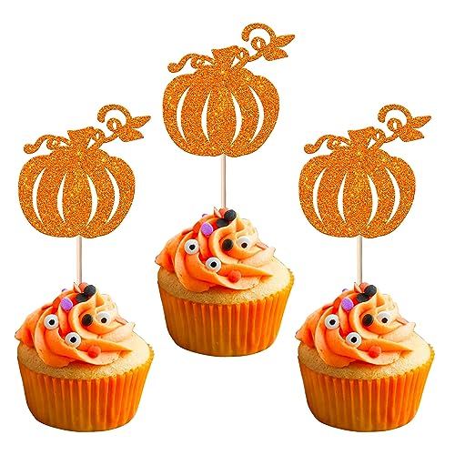 24 Stück Kürbis Tortendeko Glitzer Herbst Thema Cupcake Toppers Halloween Kuchen Dekorationen für Pumpkin Thema Baby Dusche Thanksgiving Geburtstag Party Kuchen Dekorationen Orange von SYKYCTCY