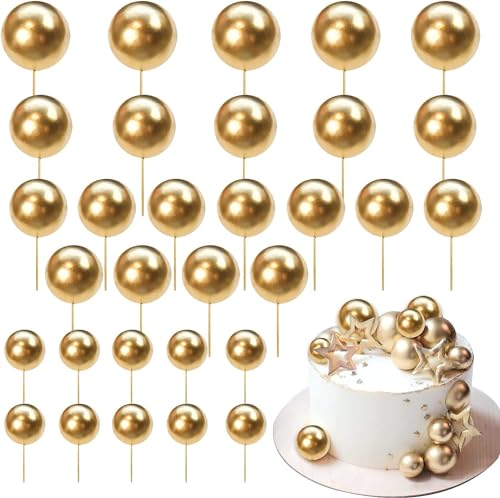 24 Stück Kugeln Cupcake Toppers, Mini Round Ball Tortendeko DIY Geburtstag Kuchen Deko Kugeln für Geburtstag Party Hochzeit Zubehör Valentinstag Baby Shower Kuchen Dekoration Gold Neu von SYKYCTCY