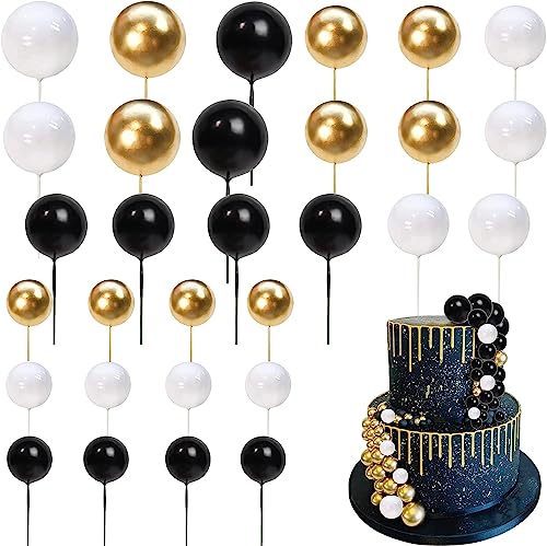 24 Stück Kugeln Tortendeko, Round Mini DIY Cupcake Toppers Geburtstag Kuchen Deko Kugeln für Geburtstag Party Hochzeit Zubehör Valentinstag Baby Shower Kuchen Dekoration Schwarz Weiß Gold von SYKYCTCY