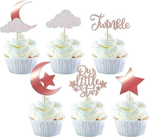 24 Stück Little Star Tortendeko Glitzer Mond Wolke Cupcake Toppers Twinkle Stern Baby Dusche Kuchen Deko Kinder Geburtstag Hochzeit Party Torte Dekorationen Rosegold von SYKYCTCY