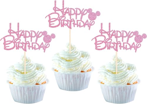 24 Stück Maus Inspiriert Tortendeko Glitzer Mouse Kuchen Deko Happy Birthday Cupcake Toppers mit Schleife für Baby Dusche Kinder Geburtstag Party Kuchen Dekorationen Schwarz Rosa von SYKYCTCY