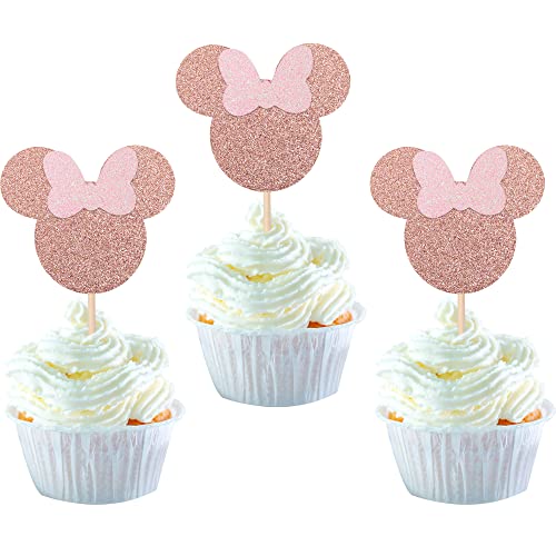 24 Stück mini Maus inspiriert Geburtstag Tortendeko mini Happy Birthday Cake Topper mini Maus mit Schleife Maus Kuchendekoration für mini Happy Birthday Party Kuchendeko Roségold von SYKYCTCY