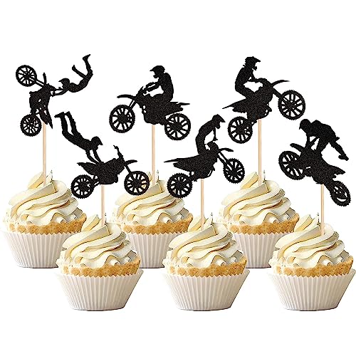 24 Stück Motorrad Tortendeko Schwarz Glitter Motocross Dirt Bike Cupcake Toppers für Sport Motocross Thema Kuchen Deko Mann Junge Geburtstag Party Kuchen Dekoration von SYKYCTCY