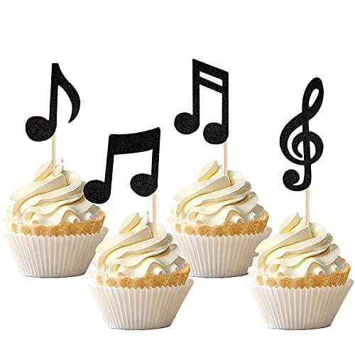 24 Stück Musik Noten Tortendeko Glitzer Schwarz Kuchen Deko Musical Symbol Cupcake Toppers für Rock Musik Konzert Thema Baby Shower Hochzeit Geburtstag Party Torten Dekorationen von SYKYCTCY