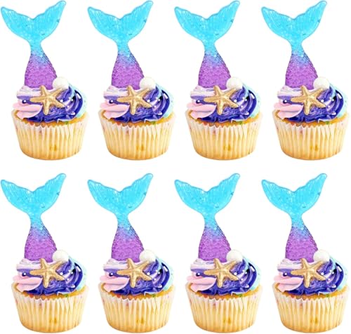 24 Stück Nixenschwanz Cupcake Toppers Glitzer Acryl Meerjungfrau Schwanz Tortendeko Unter dem Meer Kuchen Deko für Seejungfrau Thema Baby Dusche Geburtstag Party Kuchen Dekorationen Lila Blau von SYKYCTCY