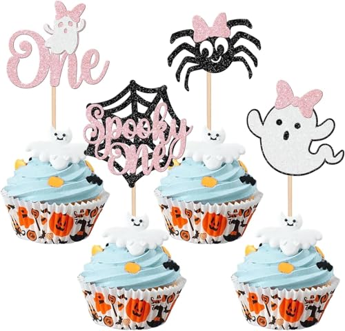 24 Stück One Halloween Cupcake Toppers Spooky One Tortendeko Ghost Spinne Kuchen Deko für Happy Halloween Thema Kinder Ein Jahr Geburtstag Party Kuchen Dekorationen Rosa von SYKYCTCY