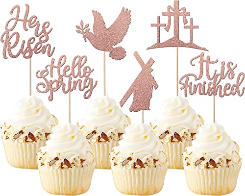 24 Stück Ostern Kreuz Tortendeko Glitter Easter Cupcake Toppers Er ist Auferstanden Friedenstaube Kuchen Deko für Christentum Thema Baby Dusche Kinder Geburtstag Party Kuchen Dekoendeko Rosegold von SYKYCTCY