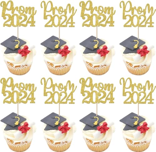 24 Stück Prom Abschluss Tortendeko Glitzer 2024 Prom College Cupcake Toppers für Congrats 2024 Absolvent Class of 2024 Thema Schule Abschluss Party Kuchen Deko Gold von SYKYCTCY