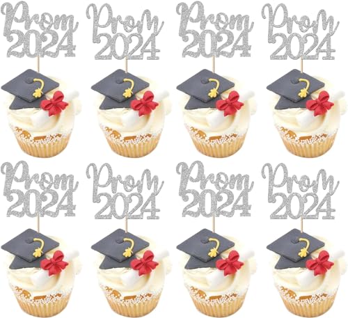 24 Stück Prom Abschluss Tortendeko Glitzer 2024 Prom College Cupcake Toppers für Congrats 2024 Absolvent Class of 2024 Thema Schule Abschluss Party Kuchen Deko Silber von SYKYCTCY