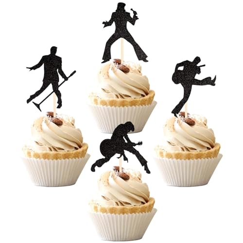 24 Stück Rock Band Cupcake Toppers Glitzer Schwarz Rock Pop Musik Thema Tortendeko Musik Konzert Kuchen Deko für Geburtstag Party Kuchen Dekorationen von SYKYCTCY