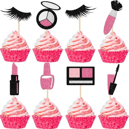 24 Stück Schminken Tortendeko Glitzer Kosmetik Lippenstift Kuchen Deko Wimpern Cupcake Toppers für Make Up Thema Mädchen Geburtstag Party Kuchen Dekortionen Rosa Schwarz von SYKYCTCY