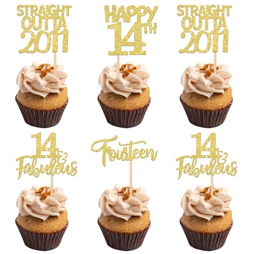 24 Stück Straight Outta 2011 Cupcake Toppers 14th Geburtstag Tortendeko Fourteen Awesome Since 2011 Kuchen Deko für 14. Geburtstag Jahrestag Party Kuchen Dekorationen Gold von SYKYCTCY