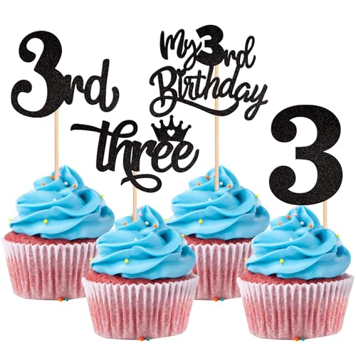 24 Stück Three Tortendeko Glitzer 3rd Geburtstag Cupcke Toppers Three Jahr alt Kuchen Deko für Baby Dusche Kinder Jungen Mädchen 3. Geburtstag Party Kuchen Dekorationen Schwarz von SYKYCTCY