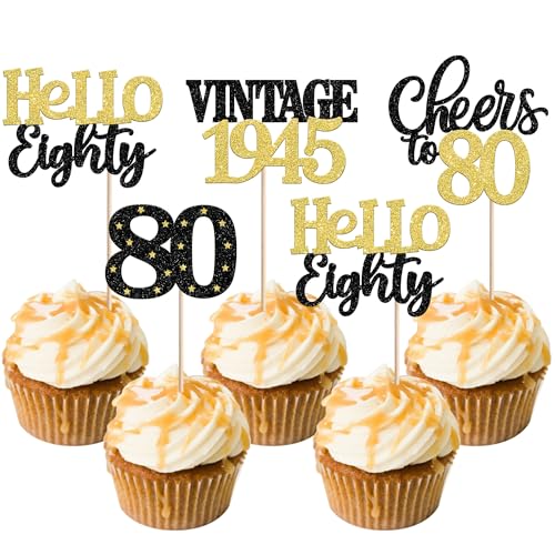 24 Stück Vintage 1945 Tortendeko Glitzer Hello Eighty Cheers to 80 Cupcake Toppers 80 Fabulous Kuchen Deko für 80. Geburtstag Hochzeitstag Party Kuchen Dekorationen Schwarz Gold 24 Stück Vintage 1945 Tortendeko Glitzer Hello Eighty Cheers to 80 Cupcake Toppers 80 Fabulous Kuchen Deko für 80. Geburtstag Hochzeitstag Party Kuchen Dekorationen Schwarz Gold von SYKYCTCY
