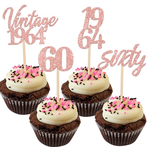 24 Stück Vintage 1964 Tortendeko Glitzer 60 Sixty Geburtstag Cupcake Toppers Awesome Since 1964 Fabulous 60 Kuchen Deko for 60th Geburtstag Jahrestag Party Kuchen Dekoration Rosegold von SYKYCTCY