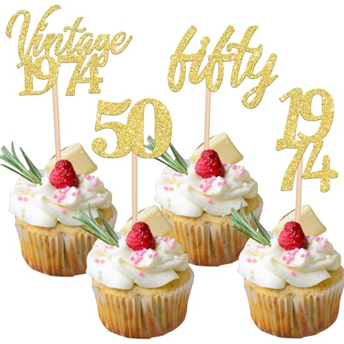 24 Stück Vintage 1974 Tortendeko Glitzer 50 Fifty Geburtstag Cupcake Toppers Awesome Since 1974 Fabulous 50 Kuchen Deko for 50th Geburtstag Jahrestag Party Kuchen Dekoration Gold von SYKYCTCY