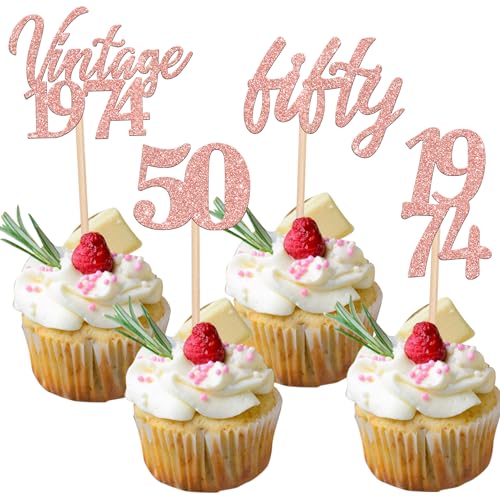 24 Stück Vintage 1974 Tortendeko Glitzer 50 Fifty Geburtstag Cupcake Toppers Awesome Since 1974 Fabulous 50 Kuchen Deko for 50th Geburtstag Jahrestag Party Kuchen Dekoration Rosegold von SYKYCTCY