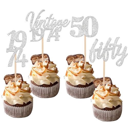 24 Stück Vintage 1974 Tortendeko Glitzer 50 Fifty Geburtstag Cupcake Toppers Awesome Since 1974 Fabulous 50 Kuchen Deko for 50th Geburtstag Jahrestag Party Kuchen Dekoration Silber von SYKYCTCY