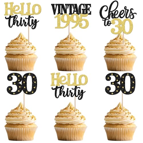 24 Stück Vintage 1995 Tortendeko Glitzer Hello Thirty Cheers to 1995 Cupcake Toppers 30 Fabulous Kuchen Deko für 30. Geburtstag Hochzeitstag Party Kuchen Dekorationen Schwarz Gold von SYKYCTCY