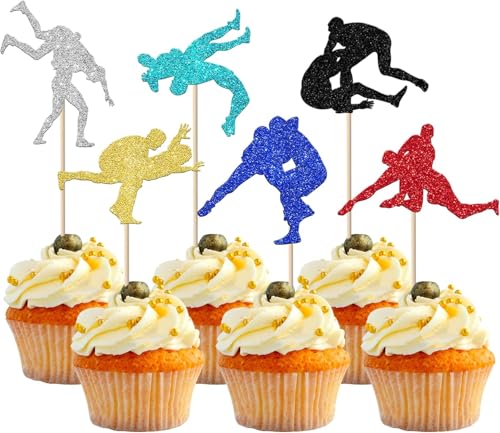 24 Stück Wrestling Tortendeko Glitzer Mann Wrestler Geburtstag Cupcake Toppers für Wrestling Sport Thema Kuchen Deko Geburtstag Party Kuchen Dekorationen Buntes von SYKYCTCY