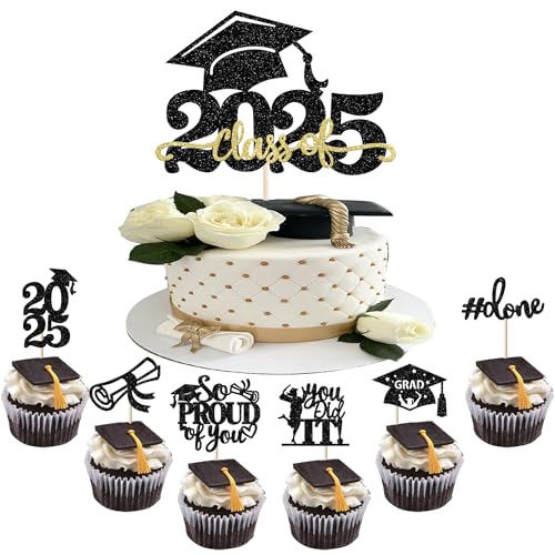 25 Stück 2025 Abschluss Tortendeko Graduation Grade Cap Kuchen Deko So Proud of You Cupcake Toppers für 2025 Abschluss Party Kuchen Dekoration Schwarz von SYKYCTCY