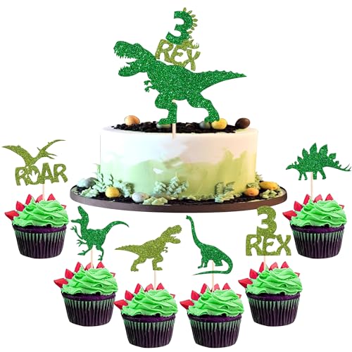 25 Stück Dinosaurier 3 Rex Geburtstag Tortendeko Glitzer Drei Dinosaurier Kuchen Deko Dino Cupcake Toppers für Dinosaurier Thema Baby Dusche 3rd Geburtstag Party Kuchen Dekorationen Grün von SYKYCTCY