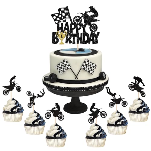 25 Stück Motorrad Tortendeko Schwarz Glitter Motocross Dirt Bike Cupcake Toppers für Sport Motocross Thema Kuchen Deko Mann Junge Geburtstag Party Kuchen Dekoration von SYKYCTCY