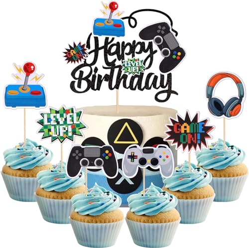 25 Stück Videospiel Geburtstag Tortendeko Glitter Gaming Happy Birthday Cake Topper Videospiel Thema Muffin Kuchen Deko Cake Dekoration für Jungen Kindergeburtstag Spiel Thema Party Dekoration Schwarz von SYKYCTCY