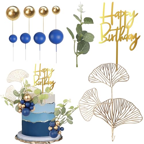 27 Stück Blau Gold Kugel Tortendeko Happy Birthday Cake Topper Natürliche Boho Palmblätter Kuchen Deko für Baby Dusche Kinder Jungen Mädchen Thema böhmische Hochzeit Jahrestag Party Kuchen Dekoration von SYKYCTCY