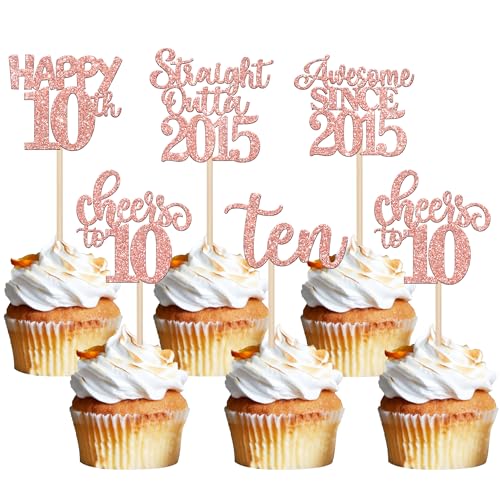 30 Stück 10th Geburtstag Kuchen Deko Straight Outta 2015 Cupcake Toppers Ten Happy 10th Awesome Since 2015 Tortendeko für Prost auf 10 Jahre Geburtstag Jahrestag Party Kuchen Dekoration Rosegold von SYKYCTCY