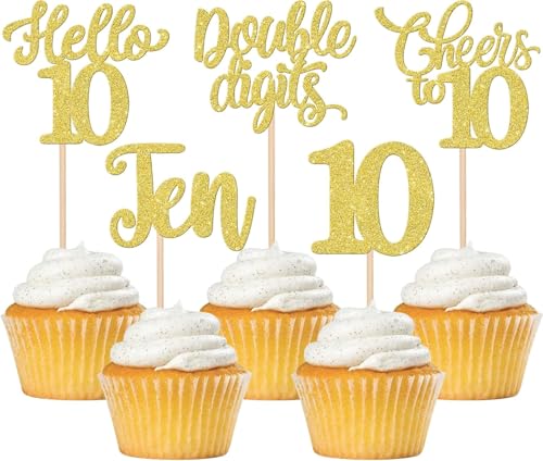 30 Stück 10th Geburtstag Tortendeko Glitzer Hello 10 Cheers to 10 Cupcake Toppers Double Digits Ten Kuchen Deko für Prost auf 10 Geburtstag Jahrestag Party Kuchen Dekoration Gold von SYKYCTCY
