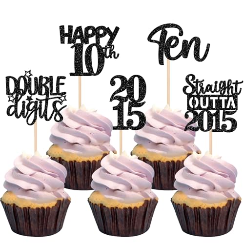 30 Stück 10th Geburtstag Tortendeko Glitzer Straight Outta 2015 Cupcake Toppers Ten Happy 10th Kuchen Deko für Prost auf 10 Jahre Geburtstag Hochzeit Jahrestag Party Kuchen Dekoration Schwarz von SYKYCTCY