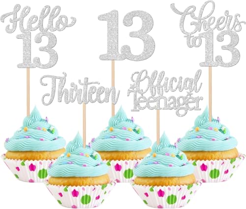 30 Stück 13th Geburtstag Tortendeko Glitzer Hello 13 Cheers to 13 Cupcake Toppers Official Teenager Thirteen Kuchen Deko für Prost auf 13 Geburtstag Jahrestag Party Kuchen Dekoration Silber von SYKYCTCY