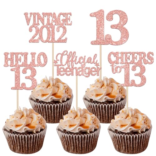 30 Stück 13th Geburtstag Tortendeko Vintage 2012 Cupcake Toppers Cheers to 13 Official Teenager Kuchen Deko für Prost auf 13 Jahre Geburtstag Hochzeit Jahrestag Party Kuchen Dekoration Rosegold von SYKYCTCY