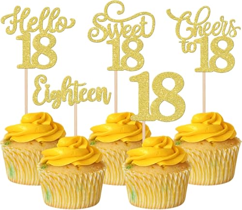 30 Stück 18th Geburtstag Tortendeko Glitzer Hello 18 Cheers to 18 Cupcake Toppers Sweet Eighteen 18 Kuchen Deko für Prost auf 18 Geburtstag Jahrestag Party Kuchen Dekoration Gold von SYKYCTCY