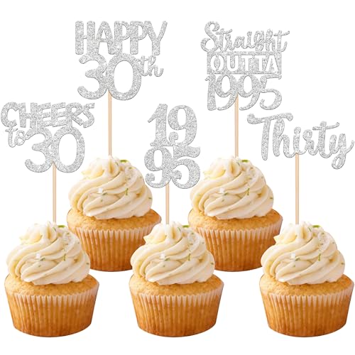 30 Stück 30th Geburtstag Cupcake Toppers Glitzer Straight Outta 1995 Kuchen Deko Happy 30th Thirty Tortendeko für Prost auf 30 Jahre Geburtstag Hochzeit Jahrestag Party Kuchen Dekoration Silber von SYKYCTCY