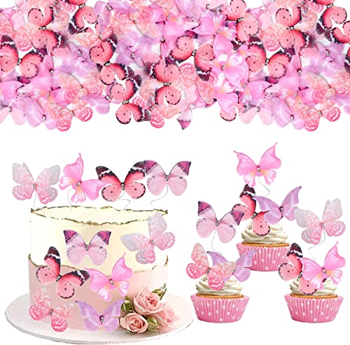 30 Stück 3D Schmetterling Tortendeko mit Kristall Doppelt Lagen Kunst Butterfly Cupcake Toppers Geburtstag Torten Deko für Baby Dusche Geburtstag Party Kuchen Dekorationen Gemischte Hellrosa von SYKYCTCY