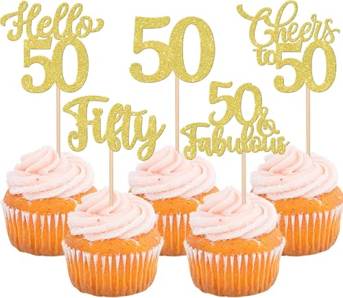 30 Stück 50th Geburtstag Tortendeko Glitzer Hello 50 Cheers to 50 Cupcake Toppers 50 & Fabulous Fifty Kuchen Deko für Prost auf 50 Geburtstag Jahrestag Party Kuchen Dekoration Gold von SYKYCTCY