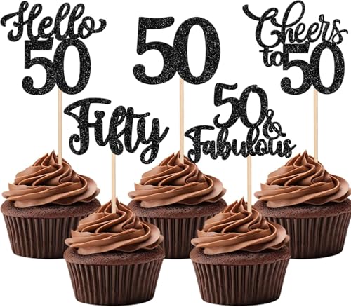 30 Stück 50th Geburtstag Tortendeko Glitzer Hello 50 Cheers to 50 Cupcake Toppers 50 & Fabulous Fifty Kuchen Deko für Prost auf 50 Geburtstag Jahrestag Party Kuchen Dekoration Schwarz von SYKYCTCY