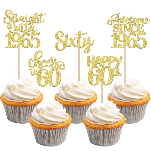 30 Stück 60th Geburtstag Cupcake Toppers Glitzer Straight Outta 1965 Kuchen Deko Awesome Since 1965 Happy 60th Tortendeko für Prost auf 60 Jahre Geburtstag Jahrestag Party Kuchen Dekoration Gold von SYKYCTCY