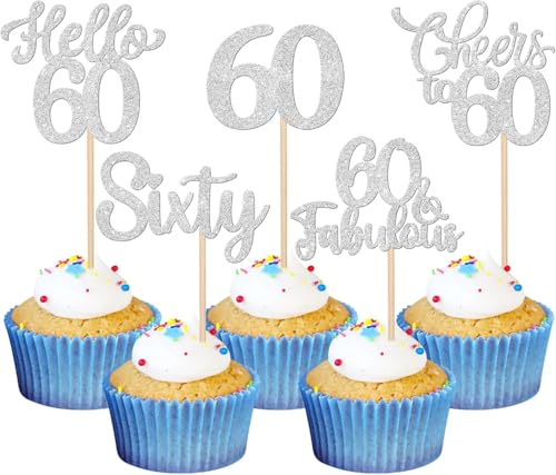 30 Stück 60th Geburtstag Tortendeko Glitzer Hello 60 Cheers to 60 Cupcake Toppers 60 & Fabulous Sixty Kuchen Deko für Prost auf 60 Geburtstag Jahrestag Party Kuchen Dekoration Silber von SYKYCTCY